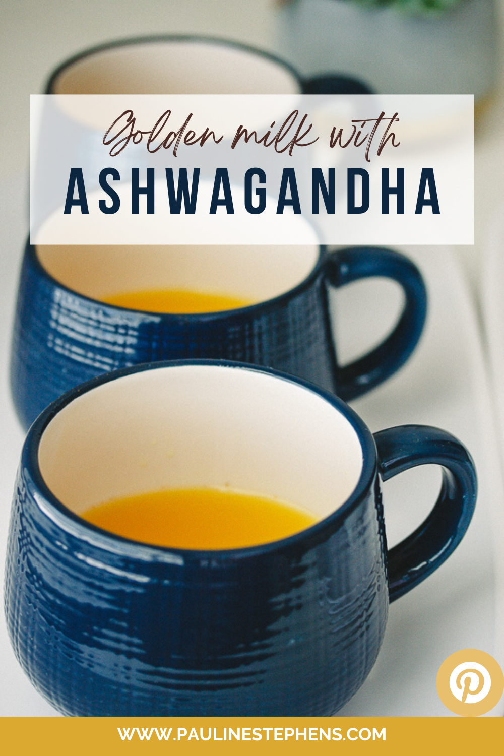 Three blue cups filled with golden milk and ashwagandha