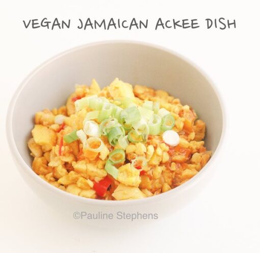 Vegan Jamaican dish made from Ackee and vegetables.