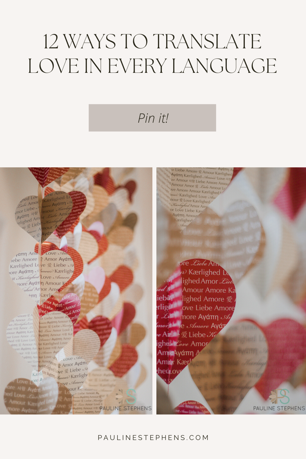an photo of paper hearts with translations of the word love for valentines day